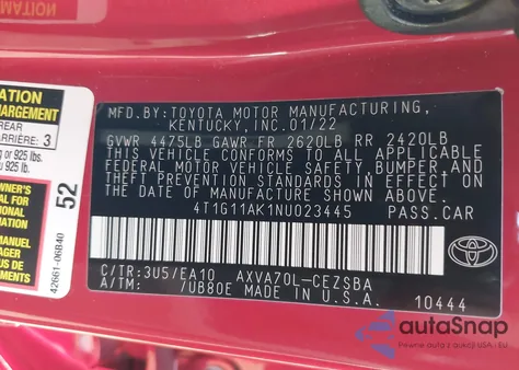 2022 Toyota Camry Se from USA, damaged, VIN 4T1G11AK1NU023445